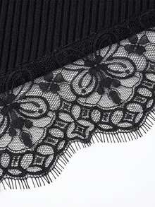 GlowEve Women's Solid Color Contrast Lace Asymmetric Hem Ribbed Fashion Tank Top - Black - View 3