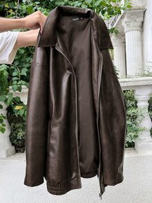 Muchica Plus Size Distressed PU Leather Loose Jacket - Coffee Brown - View 8
