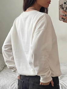 SHEIN EZwear Sweatshirt Wanita Kasual Minimalis dengan Motif Cetak, Kerah Bulat, Lengan Panjang, Tebal, dan Longgar - Putih - View 5