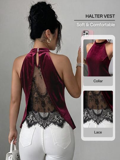 Elenzga Sleeveless Halter Velvet Top, Back Lace Panel Elegant Party Blouse For Women