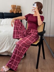 Napfluff Plaid Knit Short Sleeve Pajama Set, Casual Women's Loungewear - Burgundy - View 5