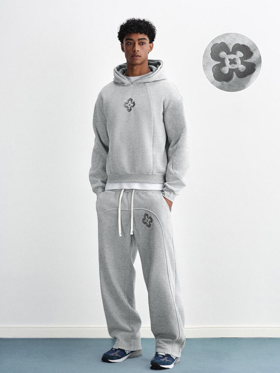 TOKVUE Men's Embroidered Design Long Sleeve Hoodie And Drawstring Waist Sweatpants Set - Grey - View 1