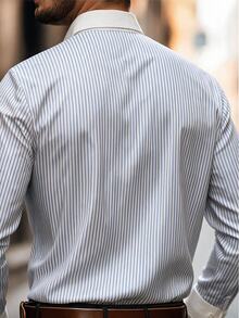 Manfinity Dauomo Men's Striped Long Sleeve Single-Breasted Casual Commute Shirt - Blue and White - View 2