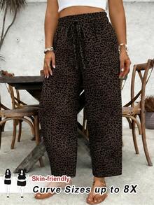 SHEIN CURVE+ Plus Size Women's Leopard Print Tie Waist Tapered Long Pants Fall - Multicolor - View 1