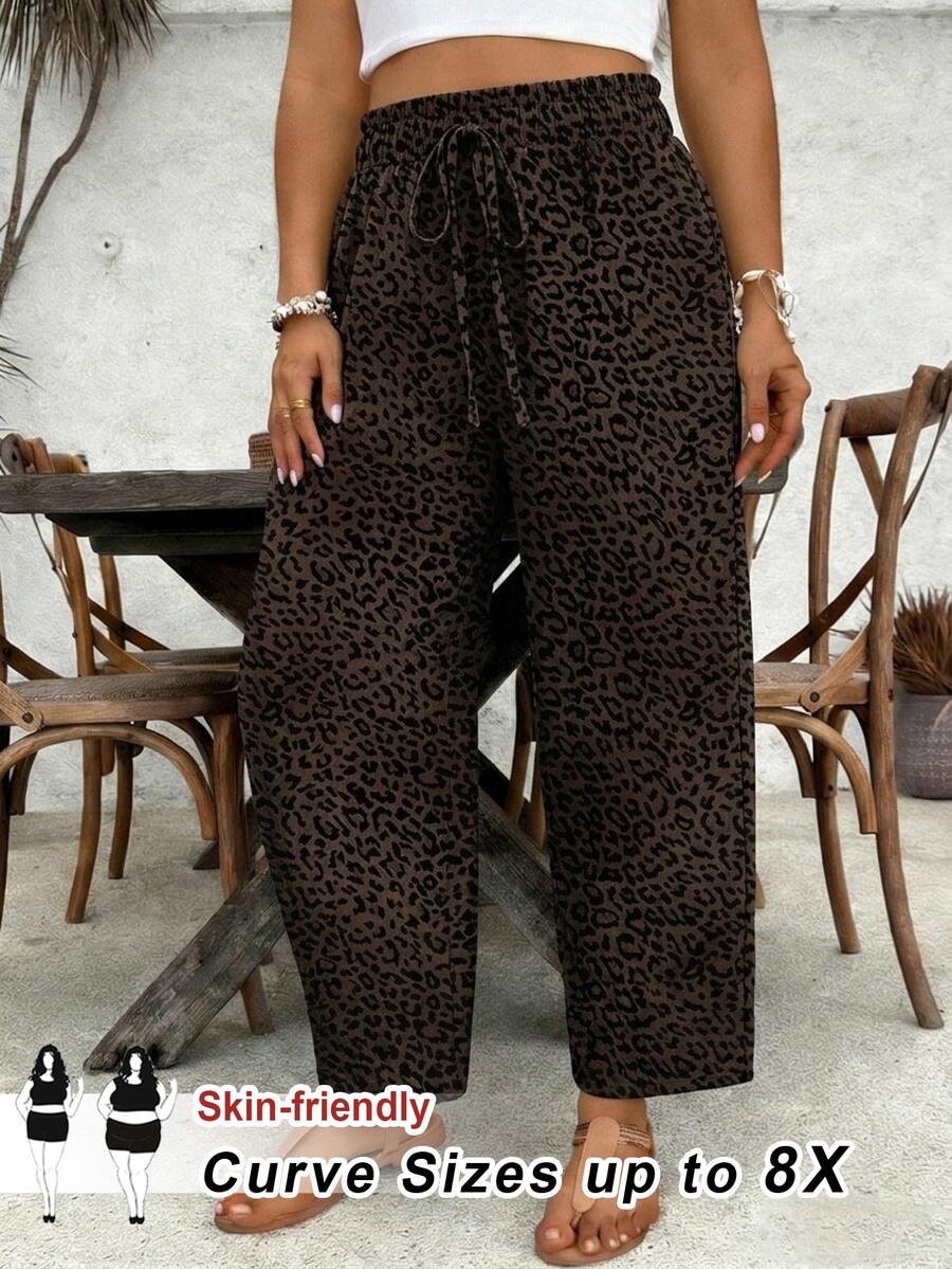 SHEIN CURVE+ Plus Size Women's Leopard Print Tie Waist Tapered Long Pants Fall - Multicolor - View 1