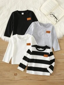SHEIN 男女嬰兒/幼兒 4件組秋冬休閒可愛條紋與素色長袖內搭T恤多件組，嬰兒冬季上衣 - 黑色 - 查看 1