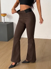 SHEIN PETITE 女款彈性腰休閒喇叭牛仔褲 - 棕色 - 查看 8