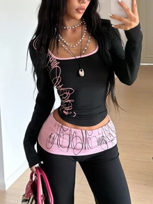 SHEIN HypeZone Women's Letter Print Square Neck Long Sleeve T-Shirt And Waist Fold Long Pants Casual 2 Pieces Set - Multicolor - View 4