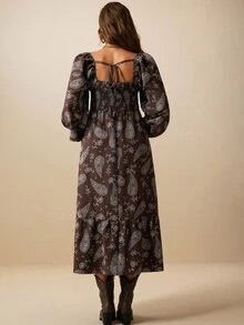 Boho Mama Maternity Vacation Paisley Pattern Twist Design Long Sleeve Casual Dress - Coffee - View 2