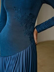 ZEYLAH Women's Solid Color Pleated Elegant Waist-Cinching Party Dress - Teal Blue - View 2