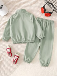 SHEIN 兒童男童2件套休閒長袖立領裝飾半拉鍊秋冬夾克與彈性腰長褲套裝，抓絨加厚 - 綠色 - 查看 4