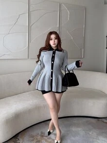 Vibekara Plus Size Women's Autumn/Winter New Colorblock Long Sleeve Single-Breasted Knit Cardigan - Grey - View 5