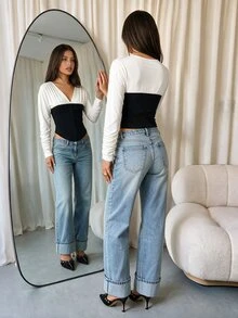 Coastalzia Two Tone V Neck Ruched Long Sleeve Corset Top, Color Block Button Front Slim Fitted Crop Blouse - Multicolor - View 2