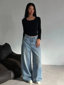 DAZY 女款酸洗寬腿休閒牛仔褲 - 淺色水洗藍 - 查看 5