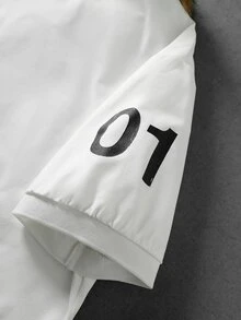 ROMWE MEN Street Life Men's Letter Print Patchwork Fuzzy Short Sleeve Polo Shirt - White - View 5