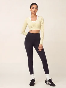 SHEIN BAE Women's Pleated 2 In 1 Long Sleeve Halter Neck Sports T-Shirt - Butter Yellow - View 7