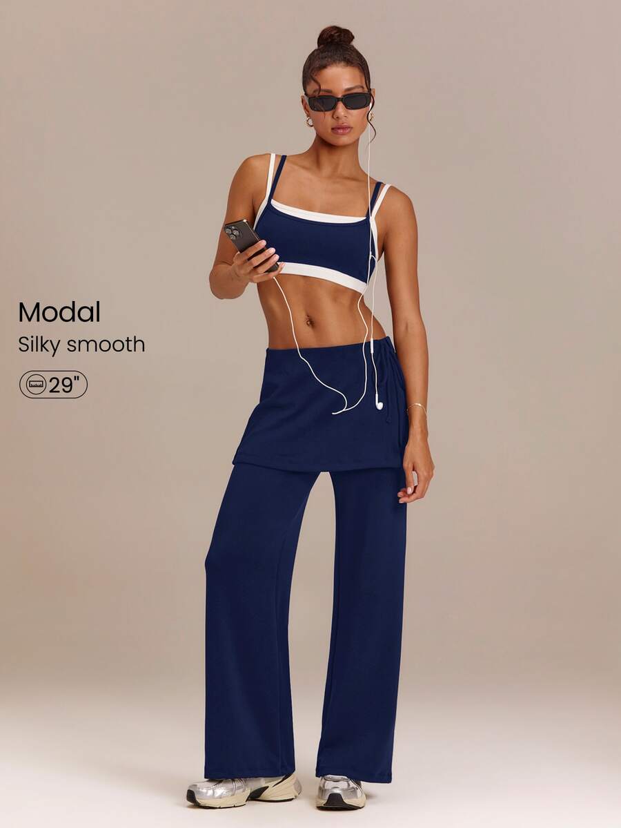 GLOWMODE Modest 1PC SoftCalm Modal Easy Shift Silky-Smooth Soft Breathable Adjustable Drawstring Ankle Side Pocket 2-In-1 Wide-Leg Jogger Casual - Dark Blue - View 1