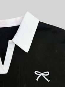 INAWLY 女款蝴蝶結刺繡撞色翻領長袖休閒衛衣 - 黑色 - 查看 4