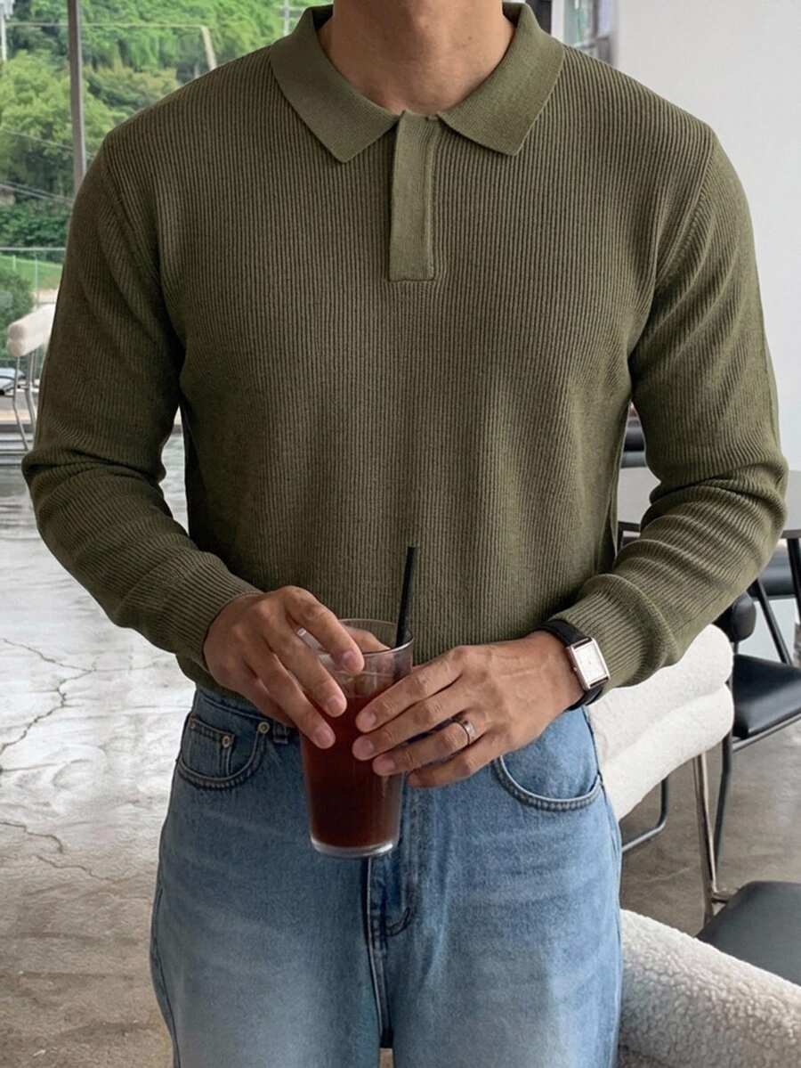 DAZY Spring/Autumn Long Sleeve Olive Green Polo Collar Men's Knit Top - Army Green - View 1
