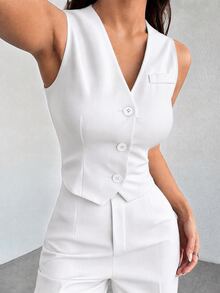 SHEIN PETITE 休閒無袖開襟背心與寬鬆長褲套裝，適合秋冬穿著 - 白色 - 查看 3