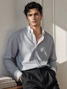 Manfinity Dauomo Men's Striped Long Sleeve Single-Breasted Casual Commute Shirt - Blue and White - View 8