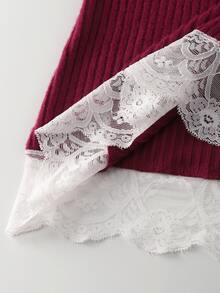 SHEIN Unity Women's Round Neck 2 In 1 Lace Patchwork Bow T-Shirt, Velour Ribbed, Autumn/Winter Fall Cloth - Burgundy - View 6
