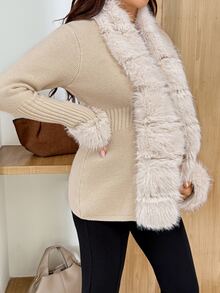 SHEIN كارديجان محبوك كاجوال بأكمام طويلة من الفرو الصناعي بتصميم مرقع للحوامل - كاكي - مشاهدة 5