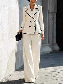 SHEIN Premium Contrast Trim Double-Breasted Blazer Suit Set For Women, Elegant Lapel Jacket With High-Waist Wide-Leg Trousers, 2 Pieces Commuter Outfit - Beige - View 5