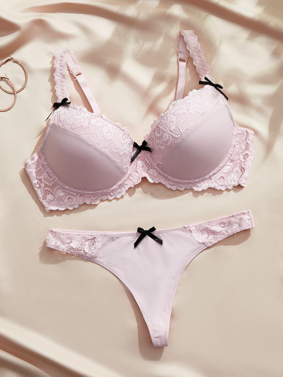 SHEIN 女款對比色蕾絲蝴蝶結裝飾時尚內衣套裝 - 淺粉色 - 查看 1
