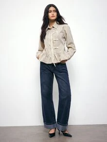 Maija Women's Placket Design Long Sleeve Ruffle Hem Plaid Shirt - Apricot - View 2