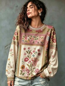 Breezaya 大尺碼女款花卉印花休閒日常穿搭T恤 秋季 - 彩色 - 查看 3