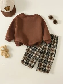 SHEIN 男嬰 2件組秋冬加厚抓絨內裡休閒可愛熊圖案拼接刺繡衛衣套裝，格紋長褲，嬰兒冬季套裝，聖誕 - 棕色 - 查看 2