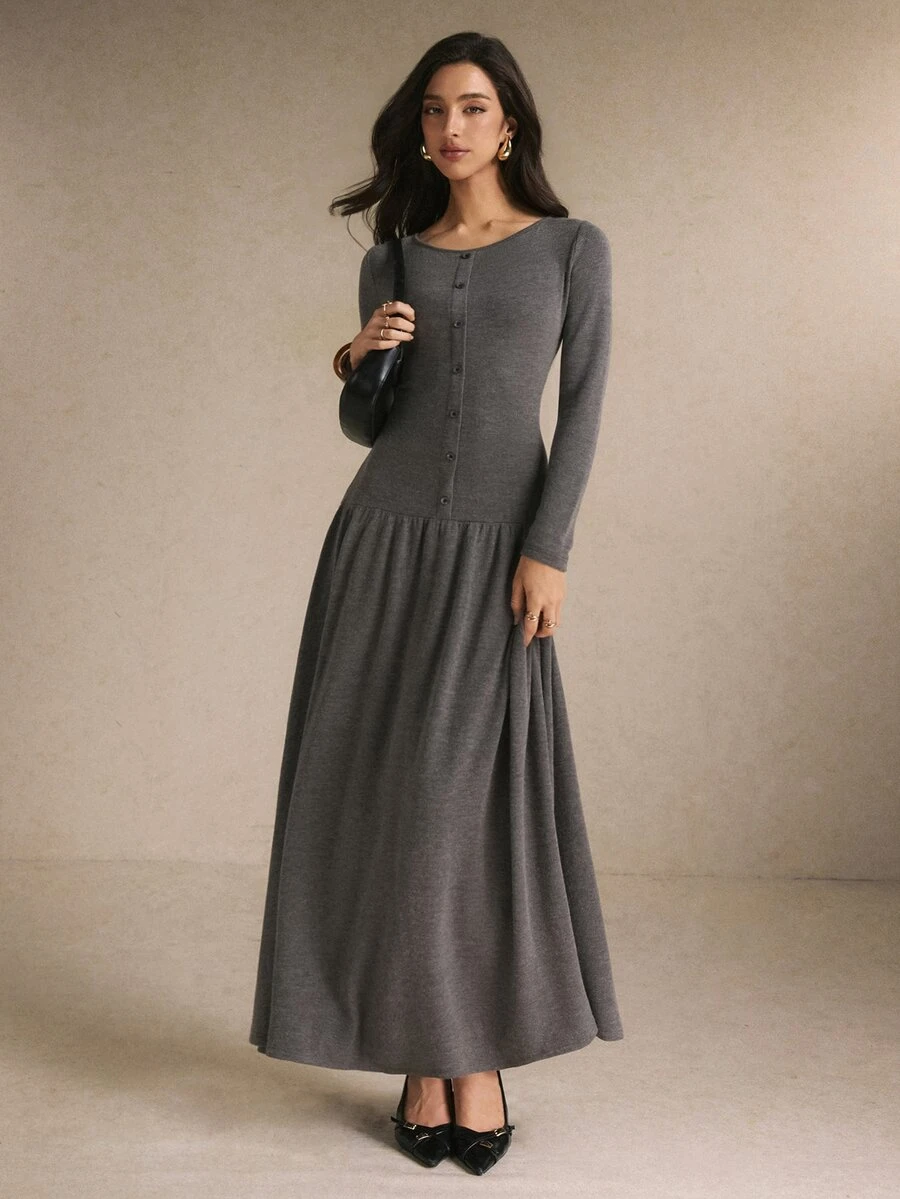 Poéselle Women's Solid Color Round Neck Long Sleeve Button Design Casual Dress - Grey - View 1
