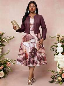 SHEIN Lady Plus Size Women Solid Color Long Sleeve Open Front Cardigan And Marble Print Dress Elegant Set Fall - Multicolor - View 5