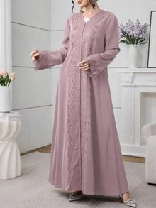 Al Najma 女款長版寬鬆休閒日常蕾絲飾邊黑色晨袍 - 粉色 - 查看 5