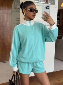 Comfortcana Fall Back To School Preppy Campus Zip Up Stand Collar Side Stripe Mint Green White 3 Pieces Athleisur - Mint Green - View 8