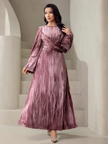 Veilorie فستان نسائي أنيق بتصميم عربي بياقة دائرية وأكمام واسعة وتصميم متقاطع عند الخصر - وردي - مشاهدة 3
