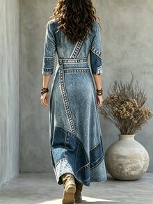 SHEIN LUNE Autumn/Winter Plus Size Women's Fashion 3/4 Sleeve V-Neck Dress - Blue - View 2