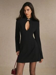 Poéselle Women's Solid Color Cutout Design Long Sleeve Fashion Dress - Black - View 10