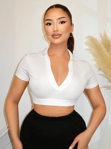 SHEIN SXY 女款純色領口短版修身性感短袖T恤 - 白色 - 查看 4