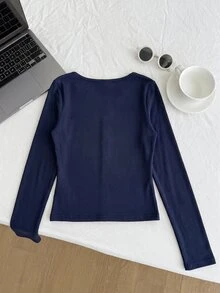 SHEIN Kids Tween Girls Knit Solid Blue Round Neck Ruched Lace Patchwork Long Sleeve T-Shirt - Navy Blue - View 2