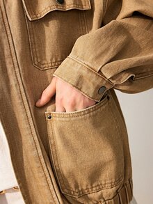 Willow Rêve Women's Khaki Loose Jacket, Washed Process With Workwear Stitching, Contrast Faux Leather Collar, Zipper And Patch Pocket Design, Solid Color Autumn Casual Style, Suitable For Travel And Commute - Yellow - View 6