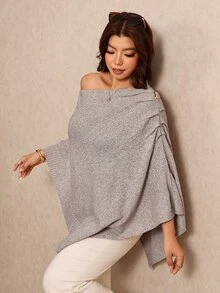 Elaquor Plus Size Women's Solid Color Cowl Neck Batwing Sleeve Loose Pullover Sweater - Khaki - View 5