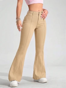 Jeanoix Y2K Plus Size Women's Stretch Denim Jeans Light Khaki Flare Jeans Cowboy For Women - Khaki - View 4
