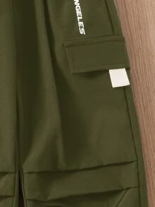 兒童小男孩休閒圖案印花寬鬆工裝長褲，附口袋，適合通勤 - 軍綠色 - 查看 4