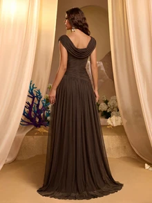 Glamrae Elegant Romantic Beaded Sequin Patchwork Elastic Knit Mesh Ruched Cowl Neck Flared Evening Gown Wedding Gala Dinner Prom Vacation Ball Festival Fall - Brown - View 2