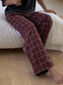 DAZY Spring/Autumn Burgundy Plaid Brushed Fabric Elastic Waist Long Pants Men's Loungewear Bottoms - Burgundy - View 6