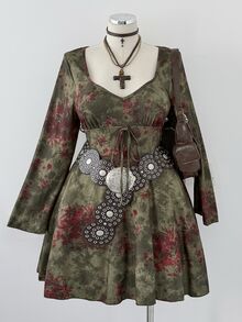 Sunspun Große Größen V-Ausschnitt bedrucktes Kleid mit geraffter Taille und A-Linie - Verschiedenfarbig - Übersicht 1
