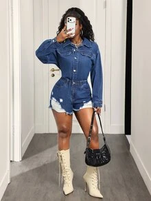 BamGleam Women's Long Sleeve Single-Breasted Casual Distressed Denim Romper - Dark Wash - View 9