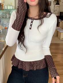 DAZY Women's Round Neck Colorblock Polka Dot Long Sleeve T-Shirt Fall - White - View 9